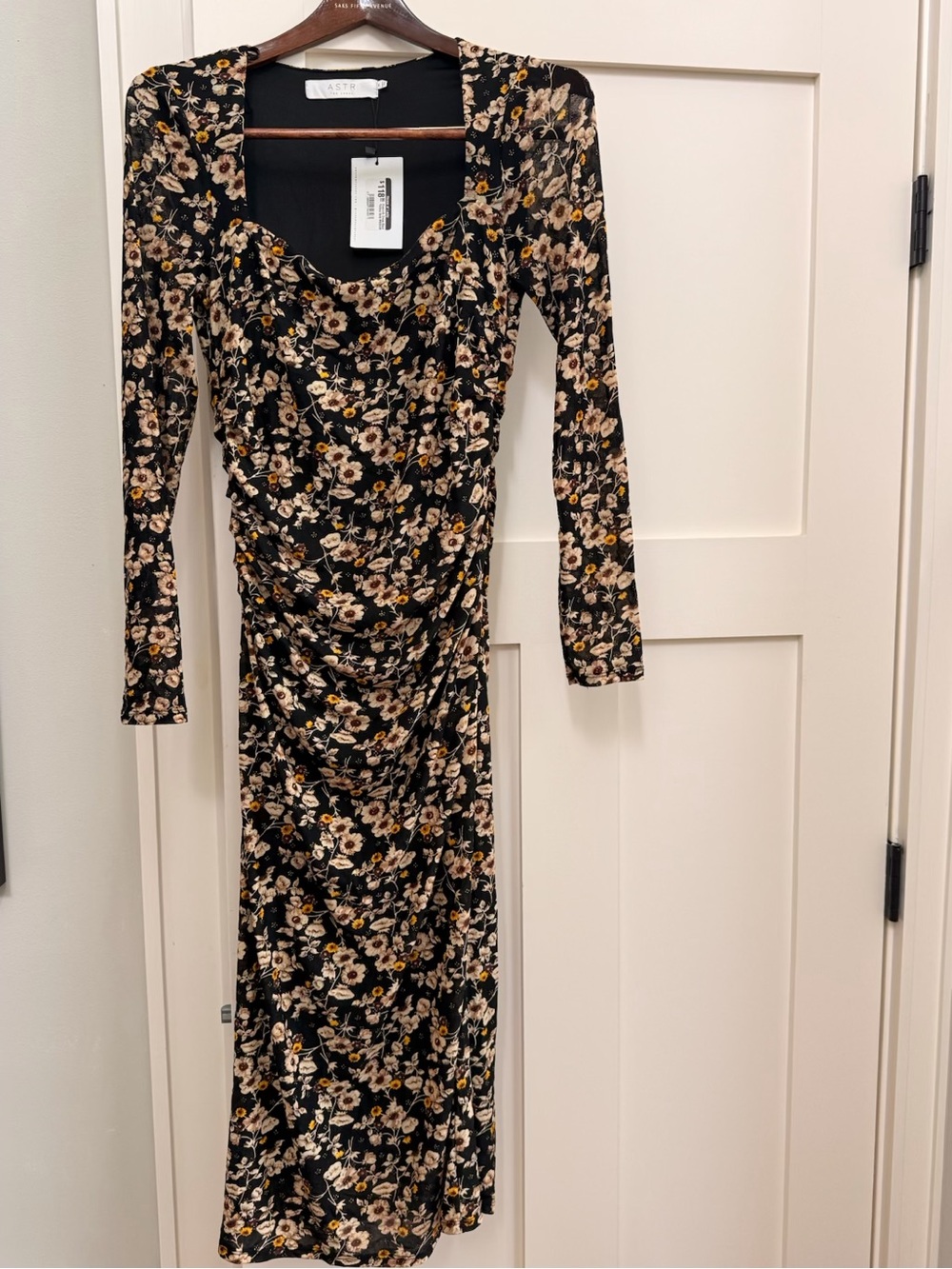 Astr Black Floral Ruched Long Sleeve Midi Dress
